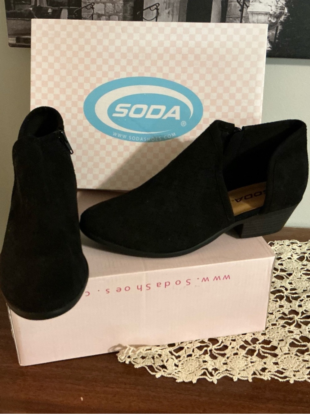 Soda Black Suede-Look Low Heel Ankle Booties